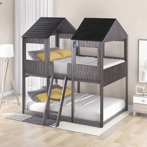 Vista 9 de Harper & Bright Designs Literas de madera de tamaño matrimonial sobre matrimonial, literas de madera con techo y barandilla de protección para Gris