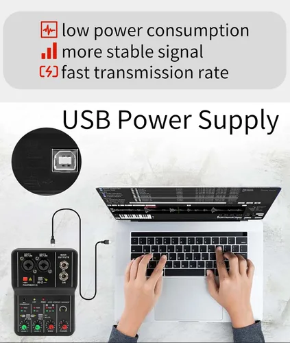 Vista 5 de Mini mezclador de audio, 2 canales USB portátil con tarjeta de sonido en vivo, sistema de consola con alimentación fantasma de 48 V, mezclador DJ