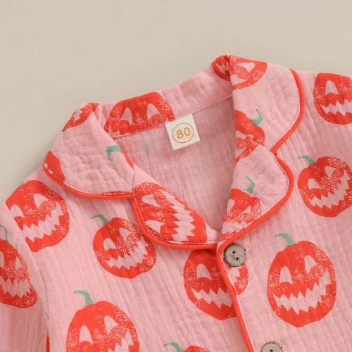 Vista 4 de Pijama de Halloween para bebé niña con diseño de calabaza, satén, con botones, camisa de manga larga, pantalones, conjunto de pijama de Halloween