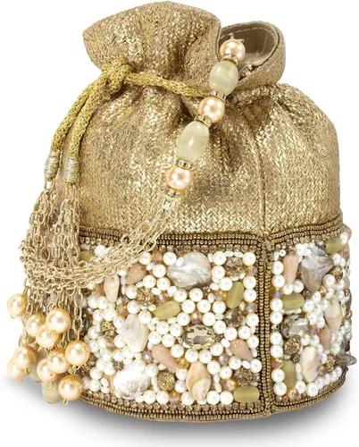 Vista 9 de Aheli Bolsas indias Potli para mujer, bolsa de noche, bolso de mano étnico para novia con cordón, regalo para el día de la madre para mamá, dorado 1