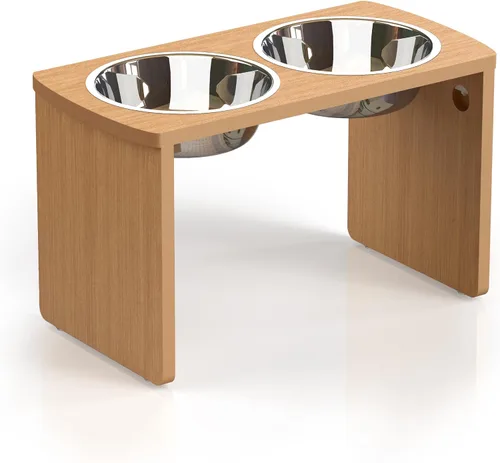 Vista 17 de Cuencos elevados para perros, cuenco elevado de bambú para perros y gatos pequeños, con 2 cuencos de acero inoxidable