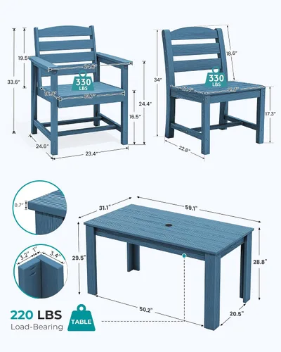 Vista 3 de SERWALL Juego de comedor al aire libre de 59 pulgadas para 6, con 1 mesa y 6 sillas, azul