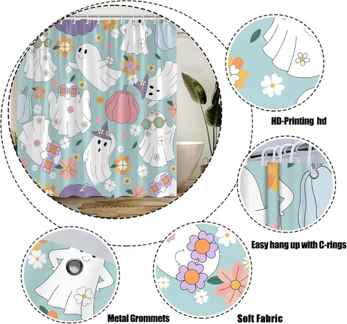 Vista 4 de Halloween Ghost Shower Curtain Spooky Cute 70s Retro Hippie Daisy Funny Bathroom Decor Curtain with Hooks,Blue White