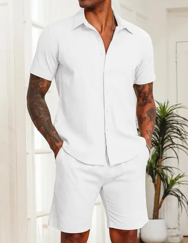 Vista 22 de COOFANDY Conjunto de 2 piezas de algodón y lino para hombre, camisas de manga corta con botones, pantalones cortos de playa de verano, trajes