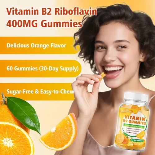 Vista 6 de Gomitas de vitamina B2 – Riboflavina de 400 mg para niños y adultos, alivio de la migraña y alivio del dolor de cabeza, veganas, sin azúcar, sabor