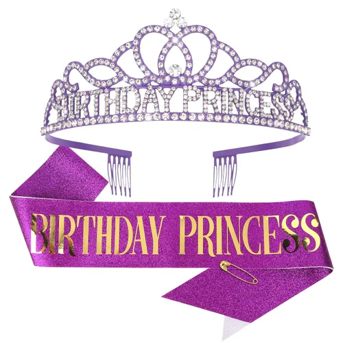 Vista 10 de CIEHER Set de Corona y Banda, Decoraciones de Cumpleaños de Princesa, Oro, Talla única