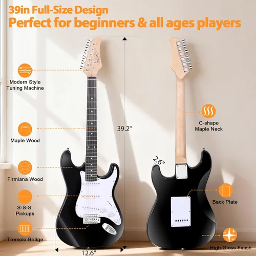 Vista 2 de Guitarra eléctrica Zeny 39 pulgadas tamaño completo, con amplificador, funda y accesorios, paquete para principiantes, Negro