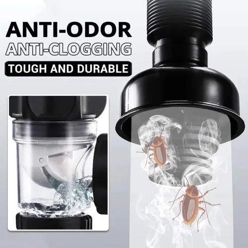 Vista 5 de Kit de drenaje de fregadero de baño con tubo P-Trap flexible y expandible antiolor, tubo de drenaje de fregadero de baño para agujero de 1-1/4