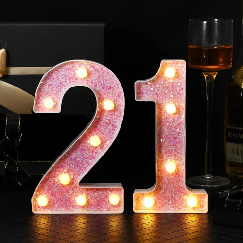 Vista 4 de Letrero decorativo con números 21 de marquesina con luz LED, decoración de mesa de cumpleaños, rosa brillante, 1 y 2, adecuado para cumpleaños