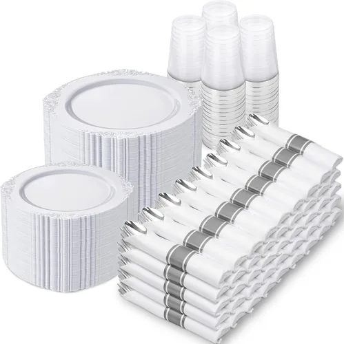 Vista 15 de Nervure 175 platos de plástico negro, platos de fiesta desechables para 25