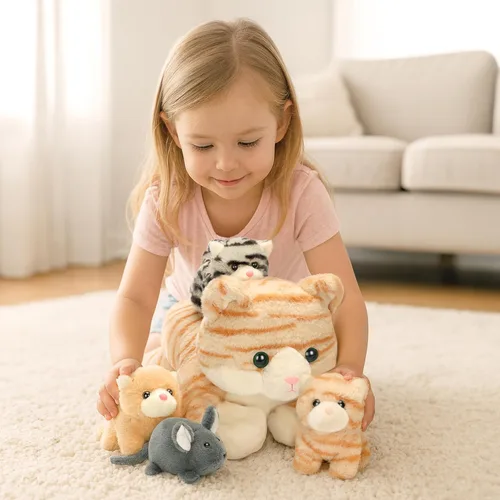 Vista 7 de IKASA Mamá gato atigrado naranja peluche mamá y gatitos bebé juguete de peluche lindo 16.5 pulgadas suave mamá pequeña juguete familiar con pequeños