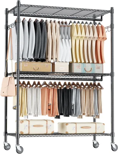 Vista 9 de Homdox Estante para ropa resistente con 3 estantes ajustables de alambre, estantes para ropa para colgar, estante de ropa de doble barra, armario