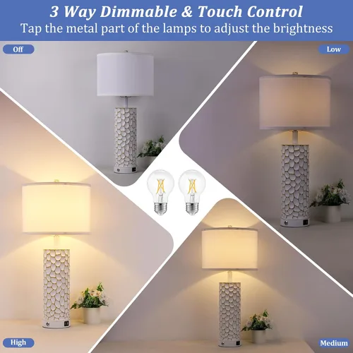 Vista 5 de Brightever Lámpara de mesa para sala de estar, juego de 2 lámparas táctiles con puertos de carga USB duales, lámparas de granja regulables de 3 vías