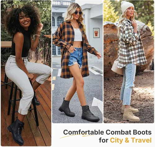 Vista 7 de Vepose - Botines de tacón bajo para mujer, botines militares a la moda con cordones