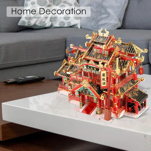 Vista 10 de Piececool Rompecabezas 3D para adultos, kits de modelos de metal, rompecabezas de metal 3D de reataurant antiguo chino, rompecabezas de construcción