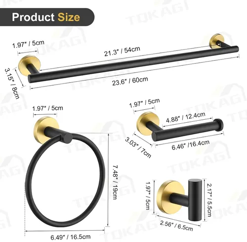 Vista 6 de TQKAG Juego de accesorios de baño negro y dorado de 5 piezas, juego de toalleros redondos de acero inoxidable de 23.6 pulgadas para baño montado