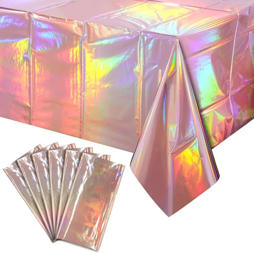 Vista 31 de Paquete de 3 manteles de plástico negro iridiscente, manteles rectangulares desechables con láser, mantel de lámina holográfica para Halloween