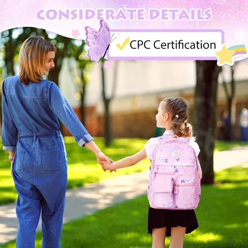 Vista 7 de Mochilas para niñas, escuela, lindas mochilas para niños, con lonchera aislada, juego para la escuela primaria, púrpura (Butterfly Purple), Urbano