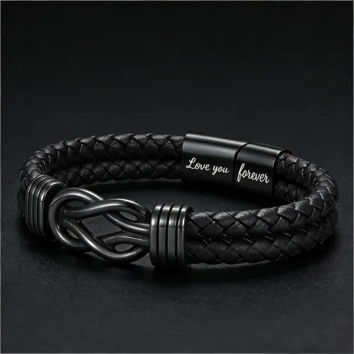 Vista 5 de Pulsera con nudo infinito con texto en inglés "To My Man", de acero inoxidable trenzado y cuero trenzado, inspirador, grabado Love You Forever