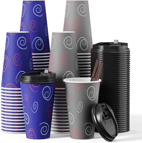 Vista 8 de TV TOPVALUE Paquete de 100 vasos de papel de 12 onzas, tazas de café desechables con tapas y pajitas para agua potable, té, utilizado para el hogar