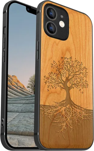 Vista 10 de Carveit Funda de madera para iPhone 12, árbol con raíces - Blackwood) Blackwood-12