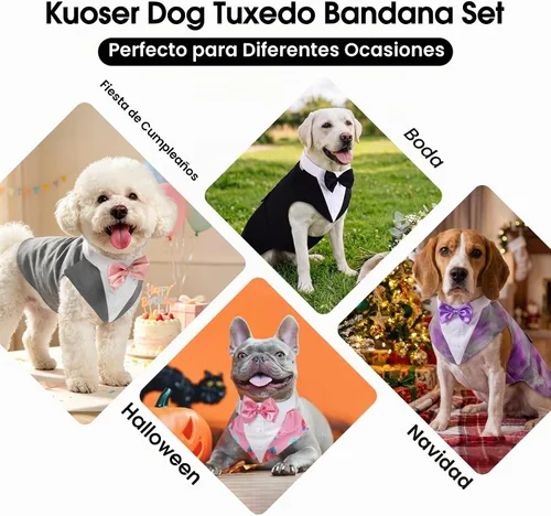 Vista 7 de Kuoser Conjunto de esmoquin para perro, traje de perro y bandana, disfraz Negro