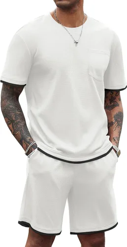 Vista 70 de COOFANDY Conjunto de camisa y pantalones cortos de gofre para hombre, conjunto de 2 piezas, conjunto casual de verano con bolsillos