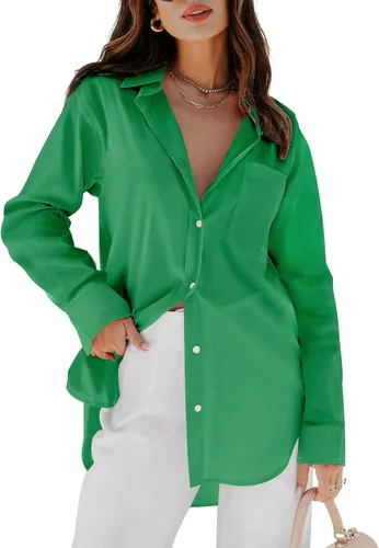 Vista 14 de siliteelon Camisas de vestir con botones para mujer, blusas de manga larga, cuello en V, lisas, casuales, con bolsillos