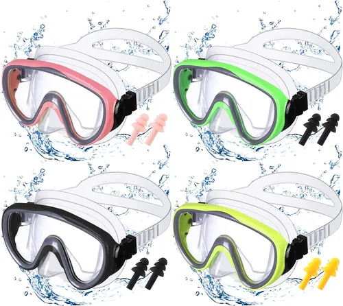 Vista 7 de 4 Pack Adult Swim Goggles with Nose Cover and Earplugs, Anti Fog Tempered Glass Diving Mask, Wide View Waterproof Snorkeling Goggles for Men Women