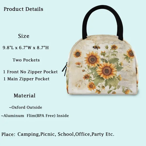 Vista 2 de Bolsa de almuerzo reutilizable con diseño de abejas y flores silvestres rurales, bolsa térmica resistente al agua para hombre y mujer, picnic