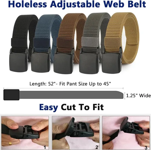Vista 4 de WYuZe Paquete de 5 cinturones militares de nailon de 1.25 pulgadas para hombre, sin metal, ligero, ajustable, para trabajo, casual, TSA y viajes