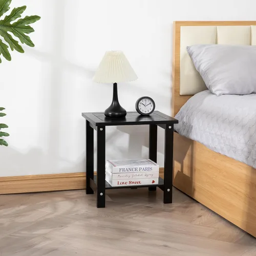 Vista 6 de Mesa de acento Adirondack negra para exteriores – Mesa auxiliar de madera de acacia resistente a la intemperie con almacenamiento doble, pequeña