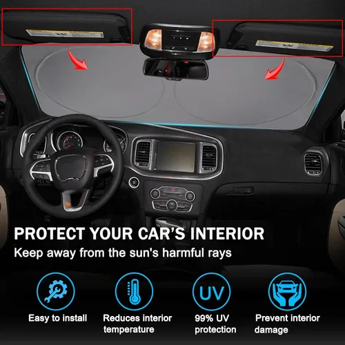 Vista 4 de Parasol para parabrisas delantero para Dodge Charger Challenger Durango Journey Ajuste universal para todos los coches Dodge Visor de sol plegable