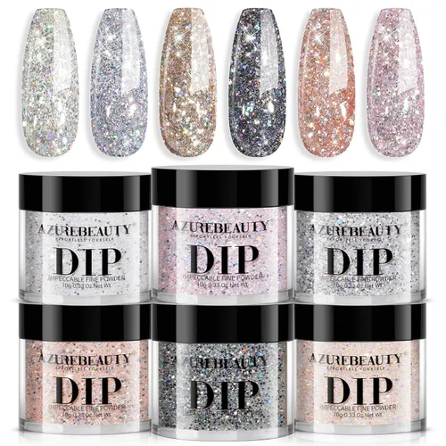 Vista 21 de AZUREBEAUTY - Juego de uñas en polvo para inmersión, rojo navideño, borgoña, rosa, baya, brillo, blanco, plata, purpurina, 6 colores, kit