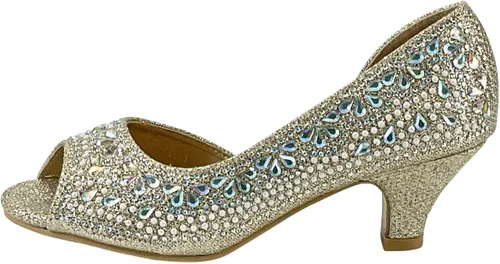 Vista 2 de Fifty Tops Tacones de gatito de moda para niñas, zapatos de vestir con diamantes de imitación brillantes para niños, sandalias de tacón bajo