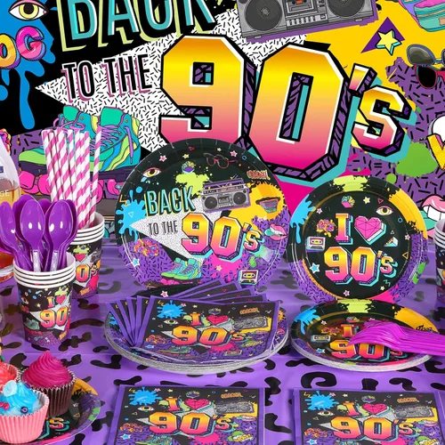 Vista 3 de Cunhill Decoraciones de fiesta de los años 90, temática de los años 90, globos de látex de regreso a los 90, mantel de fiesta de los 90, platos