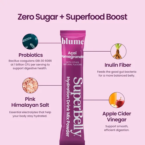 Vista 4 de Blume SuperBelly Paquetes de Salud Intestinal e Hidratación Para Llevar, Compatible con GLP-1, Sin Azúcar, con Prebióticos, Probióticos, Vinagre