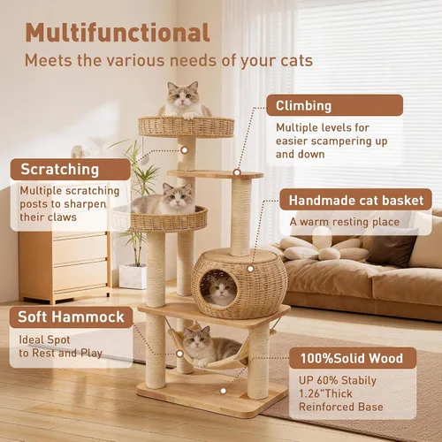 Vista 3 de Árbol para Gatos de Madera de 55" para Gatos de Interior Grandes Adultos, Torre Alta para Gatos con Poste Rascador y Hamaca Acogedora para Gatos