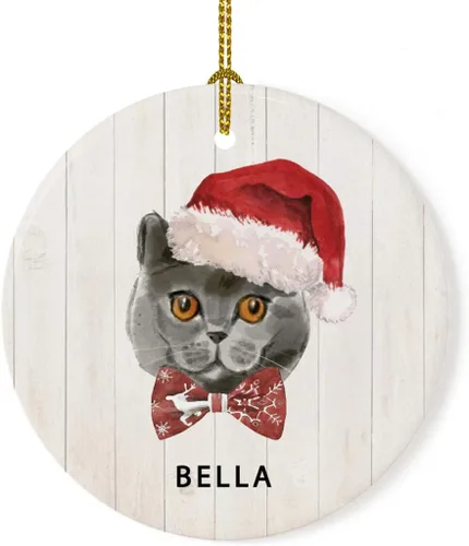 Vista 17 de Andaz Press Adorno redondo personalizado de cerámica para árbol de Navidad, abisinio, corona de acebo, sombrero de Papá Noel, con gráfico de gato