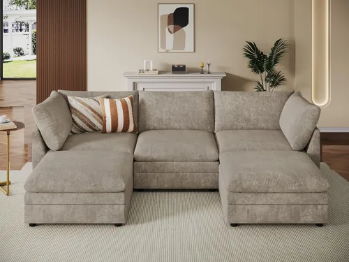 Vista 33 de VANOMi Sofá modular modular en forma de L de 98 pulgadas con otomana Beige