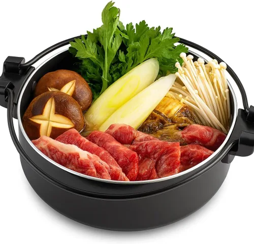 Vista 2 de JapanBargain 3868, Sukiyaki Nabe Pot Shabu Shabu Olla Caliente Pan con Tapa de Vidrio para Calefacción por Inducción Estufa IH