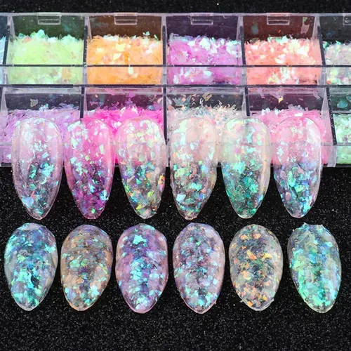 Vista 7 de 12 rejillas 3D de lentejuelas de uñas de sirena con purpurina con diseño holográfico, suministros de arte de uñas iridiscente con purpurina
