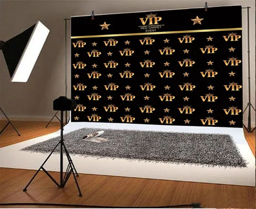 Vista 2 de AOFOTO Telón de fondo VIP de 5 x 3 pies, alfombra roja, decoraciones de fiesta, fondos de fotografía, fondo de película negro y dorado, fondo