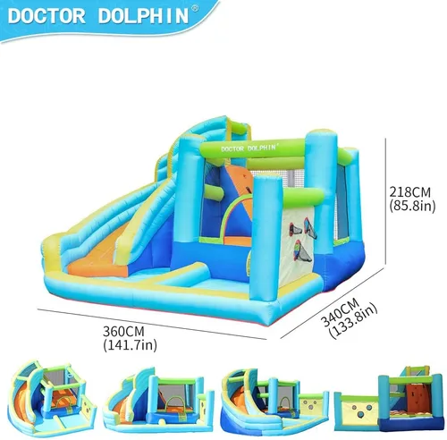 Vista 3 de Doctor Dolphin Casa de rebote de agua, parque inflable de tobogán acuático para niños, patio trasero, diversión al aire libre de verano con pistola