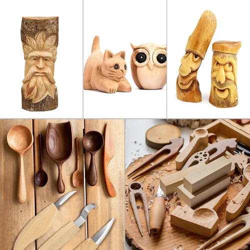 Vista 6 de Kit de tallado de madera, 26 piezas, herramientas de tallado de madera, cuchillos detallados, cuchillos, bloques, guantes, kit de corte