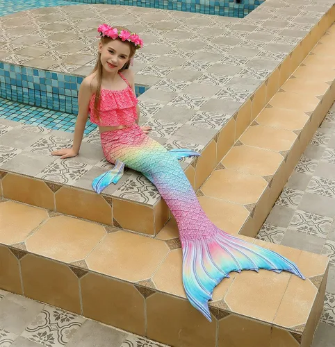 Vista 5 de Hulaha Conjuntos de sirena de natación para niños, disfraz de sirena para niñas
