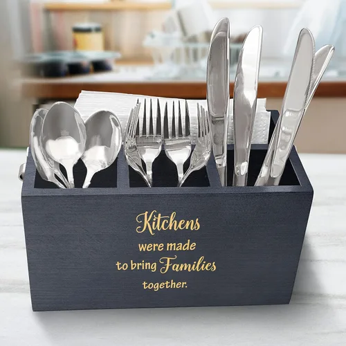 Vista 2 de Organizador de utensilios de cocina con cita familiar, organizador de utensilios de madera para cocina, caja organizadora de utensilios de cocina
