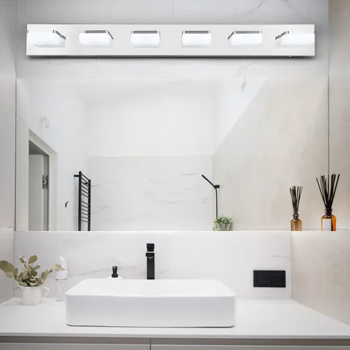 Vista 6 de GOODATE Lámparas de baño regulables de 3 colores sobre el espejo, luces LED cromadas, de acero inoxidable acrílico, 6 luces de tocador de baño