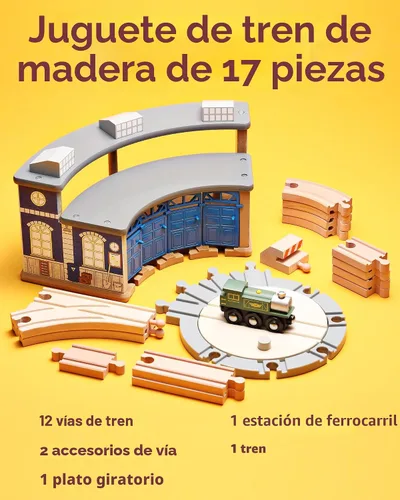 Vista 4 de Pista de tren de madera SainSmart Jr. con casa de locomotoras - Juguete ferroviario para niños pequeños, pistas de doble cara compatibles con todas