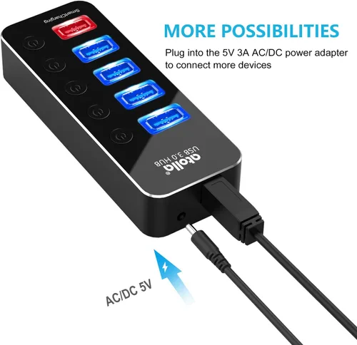 Vista 6 de Concentrador USB con alimentación, atolla Concentrador USB de aluminio de 5 puertos USB 3.0 con 4 puertos de datos USB 3.0 y 1 puerto de carga